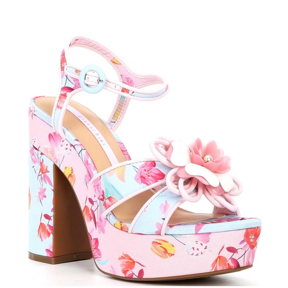 Gianni Bini Pink and Blue Platform Sandals with Floral Design